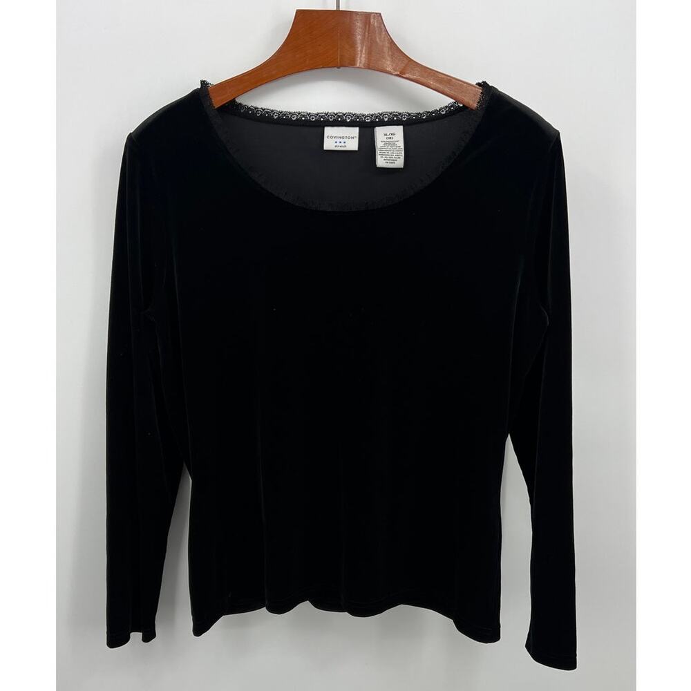 Covington black velvet long sleeve top XL stretch goth holiday y2k Lace VTG Chic